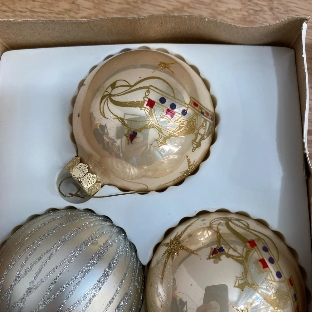 Vintage Glass Ball Ornaments Made in USA Three Kings Christmas Gold Silver